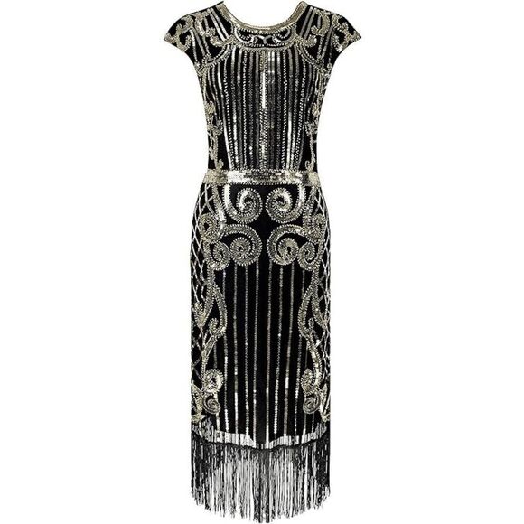 ✨ Flapper Great Gatsby Roaring 1920s Retro Tassel Fringe Sequin Dress SIZE L NEW - Picture 4 of 17